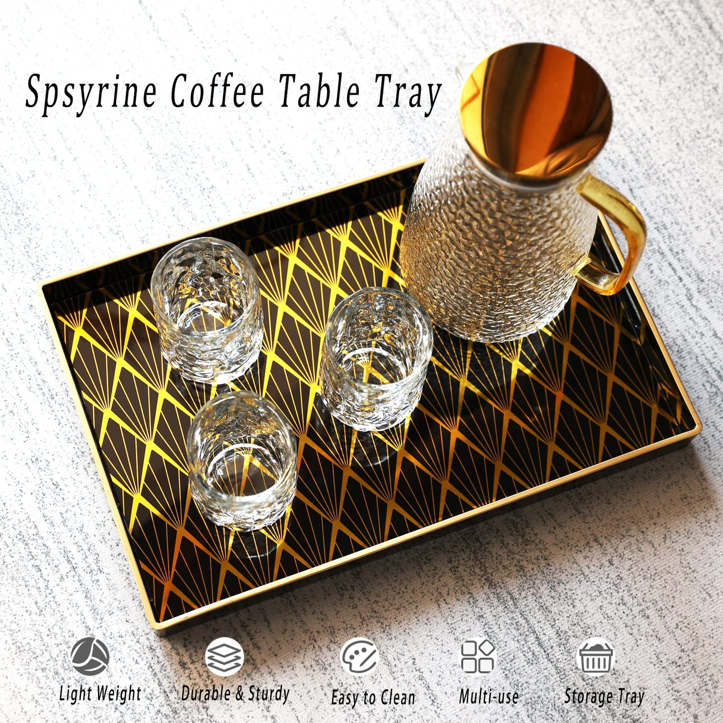 Spsyrine Black and Gold Decorative Tray for Living Room, 15.6” X 10.2" Modern Plastic Coffee Serving Table Tray for Ottoman Bathroom Kitchen (Rectangle)