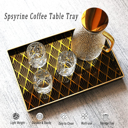 Spsyrine Black and Gold Decorative Tray for Living Room, 15.6” X 10.2" Modern Plastic Coffee Serving Table Tray for Ottoman Bathroom Kitchen (Rectangle)