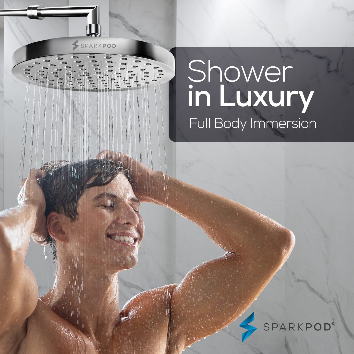SparkPod Shower Head - High Pressure Rain - Premium Quality Luxury Design - 1-Min Install - Easy Clean Adjustable Replacement for Your Bathroom Shower Heads (8" Round, White Marble)