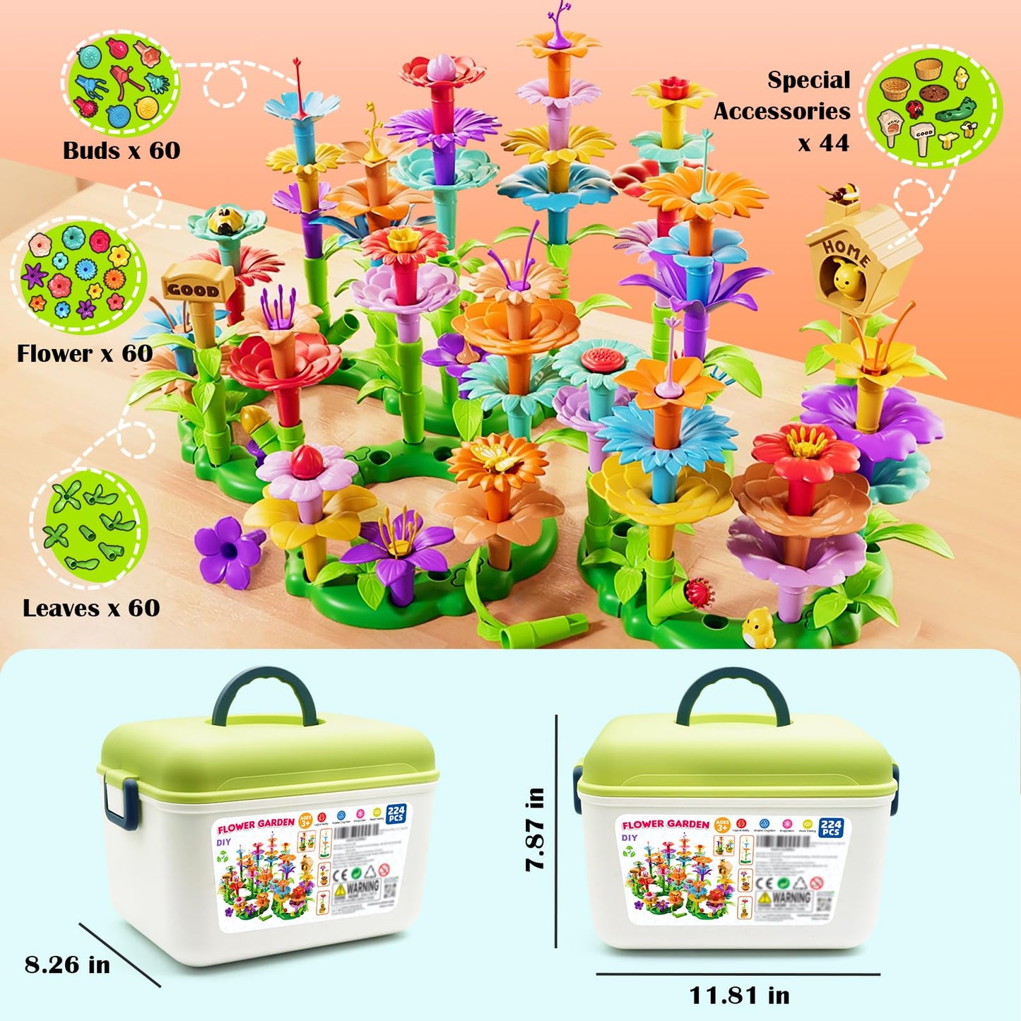 FUNZBO Flower Building Toys - Stacking Garden Toy with Storage Box, Toddler Toys, Toys for Grils 3, 4, 5, 6, 7 Years Old, Birthday Gifts for Kids (224 pcs)