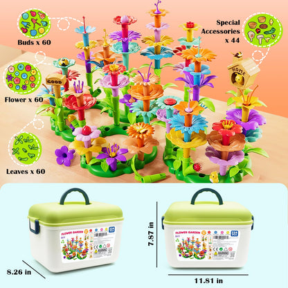 FUNZBO Flower Building Toys - Stacking Garden Toy with Storage Box, Toddler Toys, Toys for Grils 3, 4, 5, 6, 7 Years Old, Birthday Gifts for Kids (224 pcs)