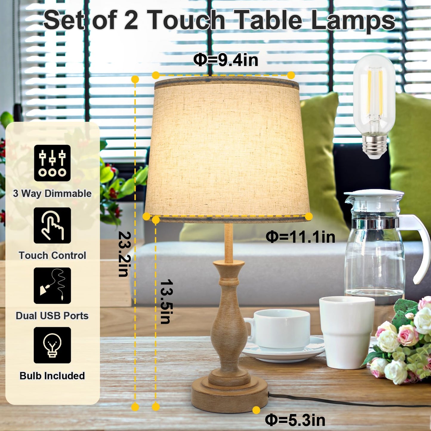 Touch Lamps for Bedrooms Set of 2, Farmhouse Table Lamp with Dual USB Charging Ports, 3 Way Dimmable Nightstand Lamps with Linen Fabric Lampshade for Bedroom, Living Room (Pack2-01A)