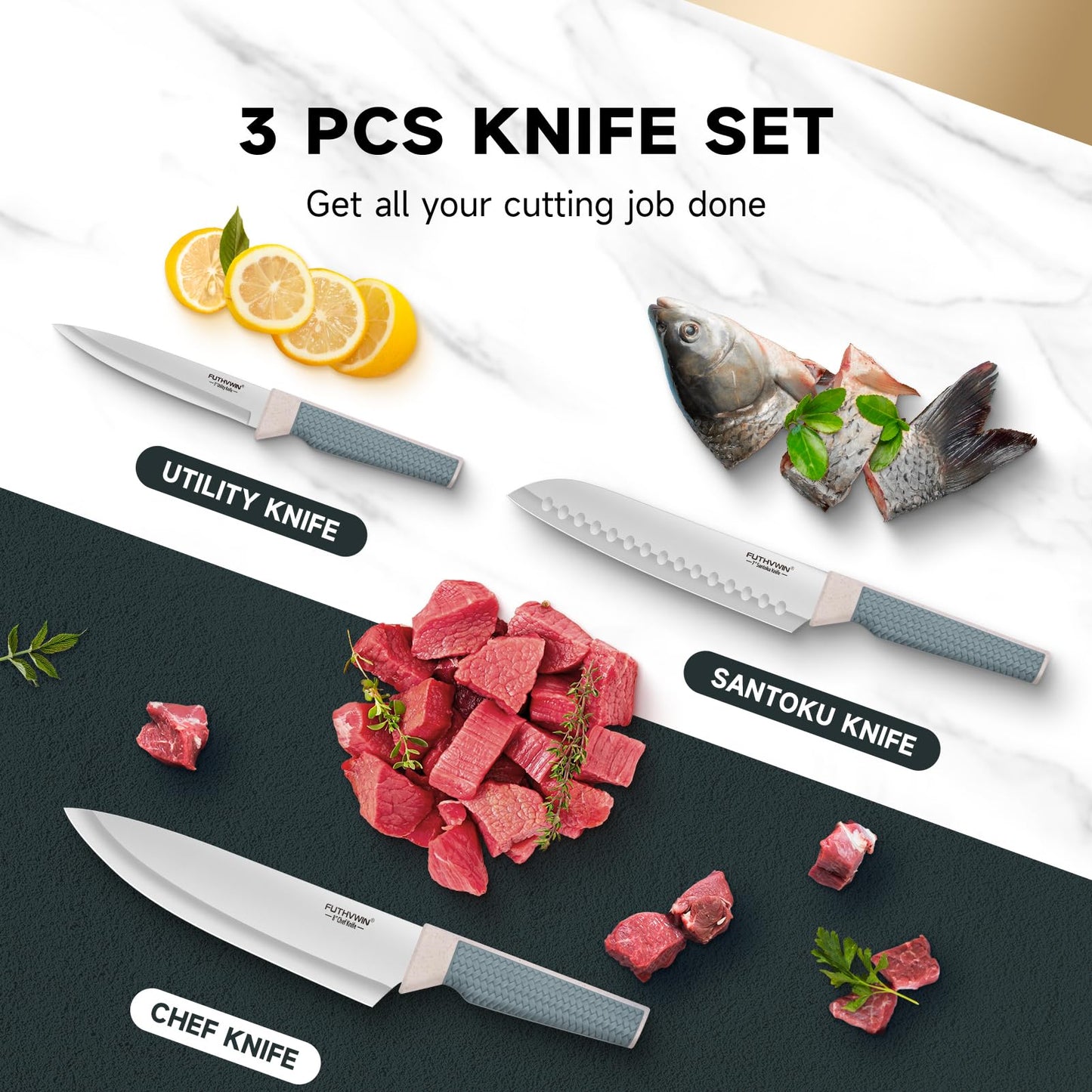 FUTHVWIN Chef Knife Ultra Sharp Kitchen Knife Set 3-Piece, Premium German 1.4116 Stainless Steel Chefs Knife Set with Finger Guard, Ergonomic Handle Professional Knives Set for Kitchen, 2024 Gift