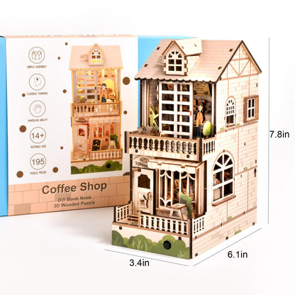 DIY Book Nook Kit, 3D Wooden Puzzle Bookshelf Insert Diorama Kit with LED, DIY Bookend Miniature Model Kits Crafts Hobbies Gifts for Adults and Kids (Coffee Shop)