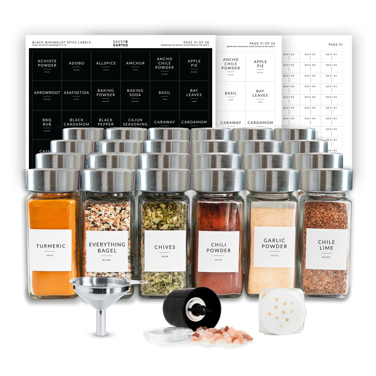 SAVVY & SORTED 24PK Glass Spice Jar Set