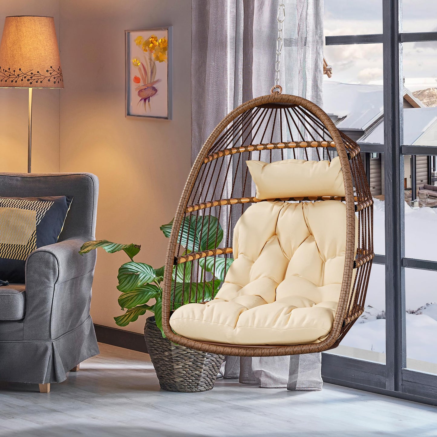 YITAHOME Hanging Egg Chair Swing Chair Outdoor Patio Wicker Chair Swing Hammock Egg Chairs with Cushion 330lbs for Patio, Bedroom, Garden and Balcony, Beige(Stand not Included)