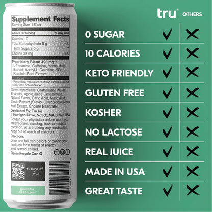 Tru Focus Seltzer, Adaptogen Nootropic Drinks with Yerba Mate, Apple Fruit Juice Flavored Sparkling Water, 100 mg Natural Caffeine, Kosher, Gluten Free, Vegan, Low Calories, No Sugar Added Beverages, 12oz (Pack of 12)