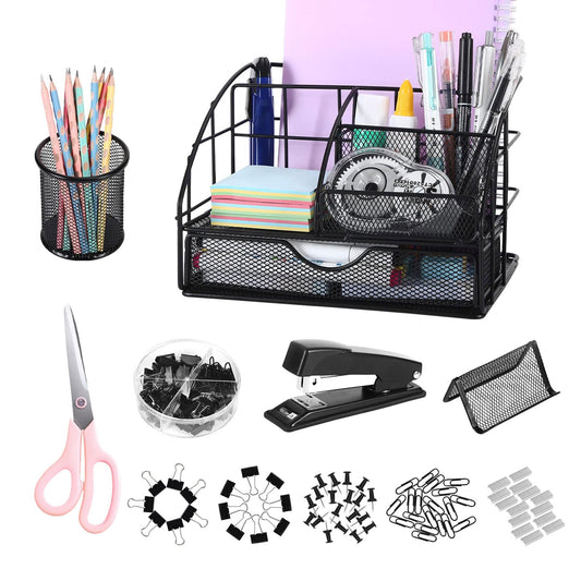 AOFUXTI Desktop Office Supplies, Desk Organizers and Accessories, Includes Stapler, Pen Holder, 72 Clip Set, Scissors, Phone Holder, Best Gifts for Women, Black