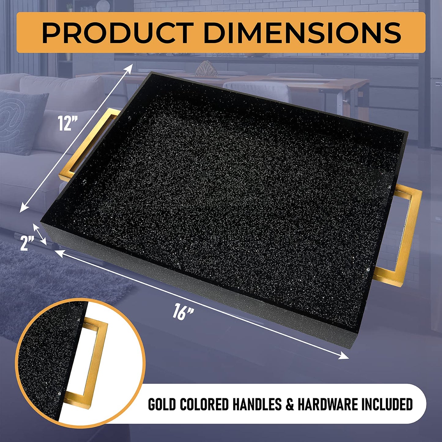 Acrylic Serving Tray with Gold Handles, 16" x 12" Decorative Trays for Coffee Table, Spill Proof Food Drinks Server, Ottoman Tray for Countertop, Kitchen, Vanity, Serving Party Platter (Black Glitter)