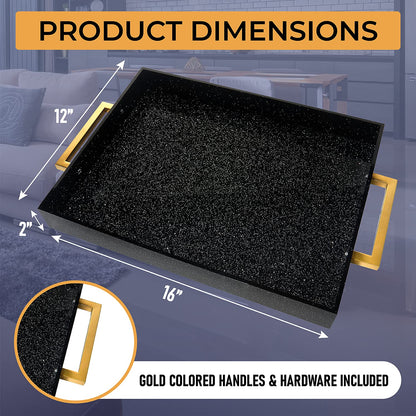 Acrylic Serving Tray with Gold Handles, 16" x 12" Decorative Trays for Coffee Table, Spill Proof Food Drinks Server, Ottoman Tray for Countertop, Kitchen, Vanity, Serving Party Platter (Black Glitter)