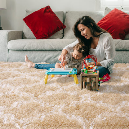 Unirea 6x9 Feet Luxury Shag Area Rug Modern Indoor Plush Fluffy Rugs, Super Soft and Fuzzy Carpet, Geometric Rugs for Bedroom Living Room Girls Kids Nursery, Beige/White