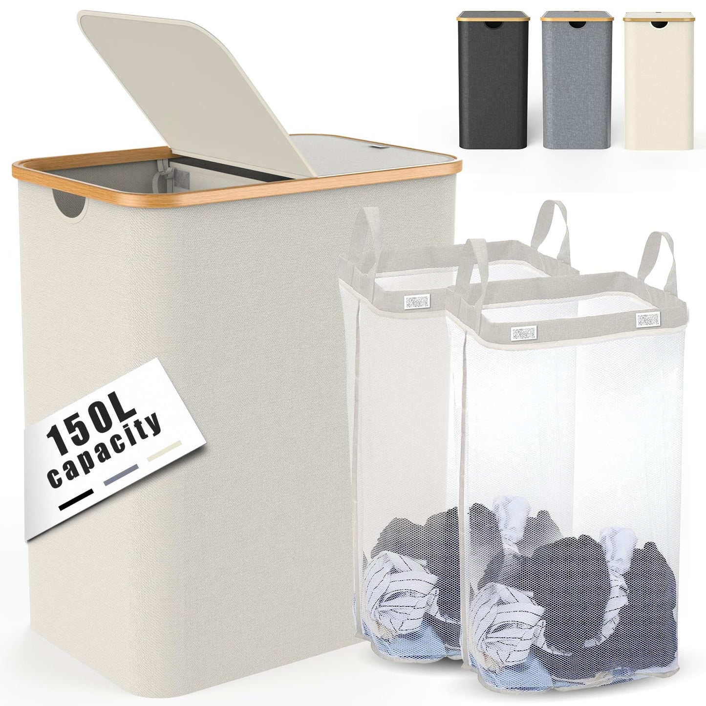 Large Laundry Basket, Clothes Hampers for Laundry, Dirty Clothes Hamper, Foldable & Space Saving (Beige)…