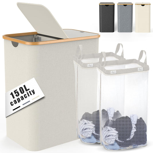 Large Laundry Basket, Clothes Hampers for Laundry, Dirty Clothes Hamper, Foldable & Space Saving (Beige)…