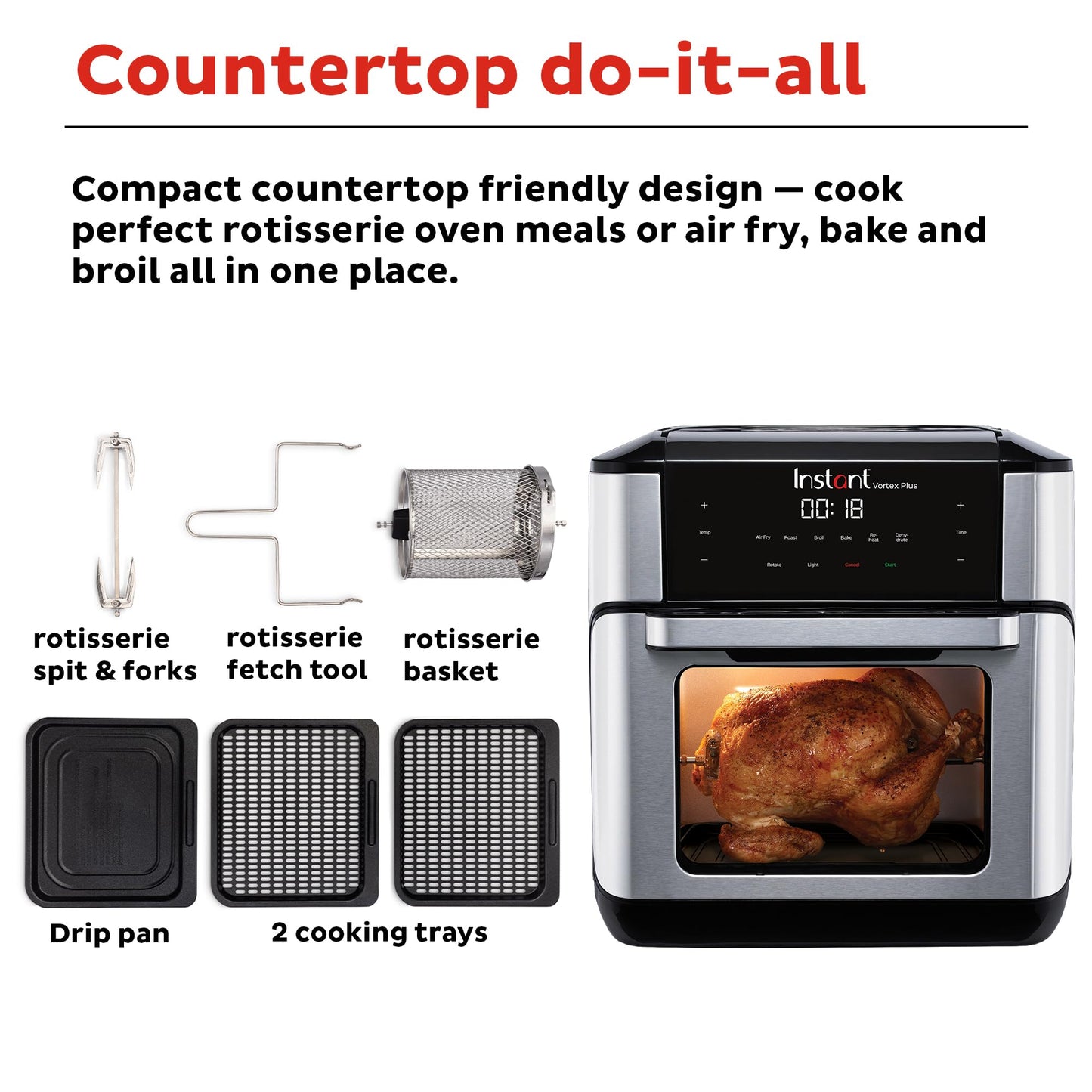 Instant Pot 10QT Air Fryer, 7-in-1 Functions with EvenCrisp Technology that Crisps, Broils, Bakes, Roasts, Dehydrates, Reheats & Rotisseries, Includes over 100 In-App Recipes, Stainless Steel