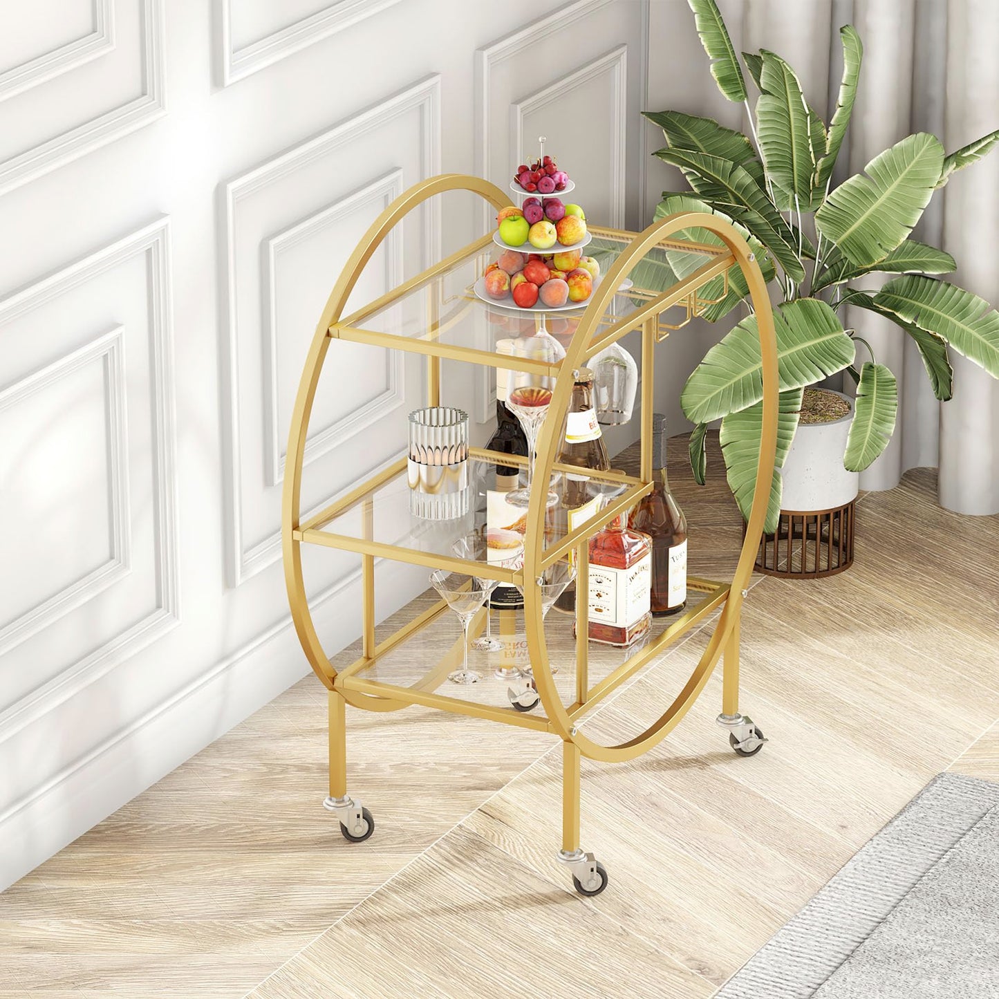 SMARTISBEAUTY Gold Bar Carts with Glass Holders and Wine Rack,3 Tier Rolling Bar Serving Carts with Glass Shelves,Metal Bar Carts for The Home Kitchen, Party Outdoor Indoor (0 Handle)