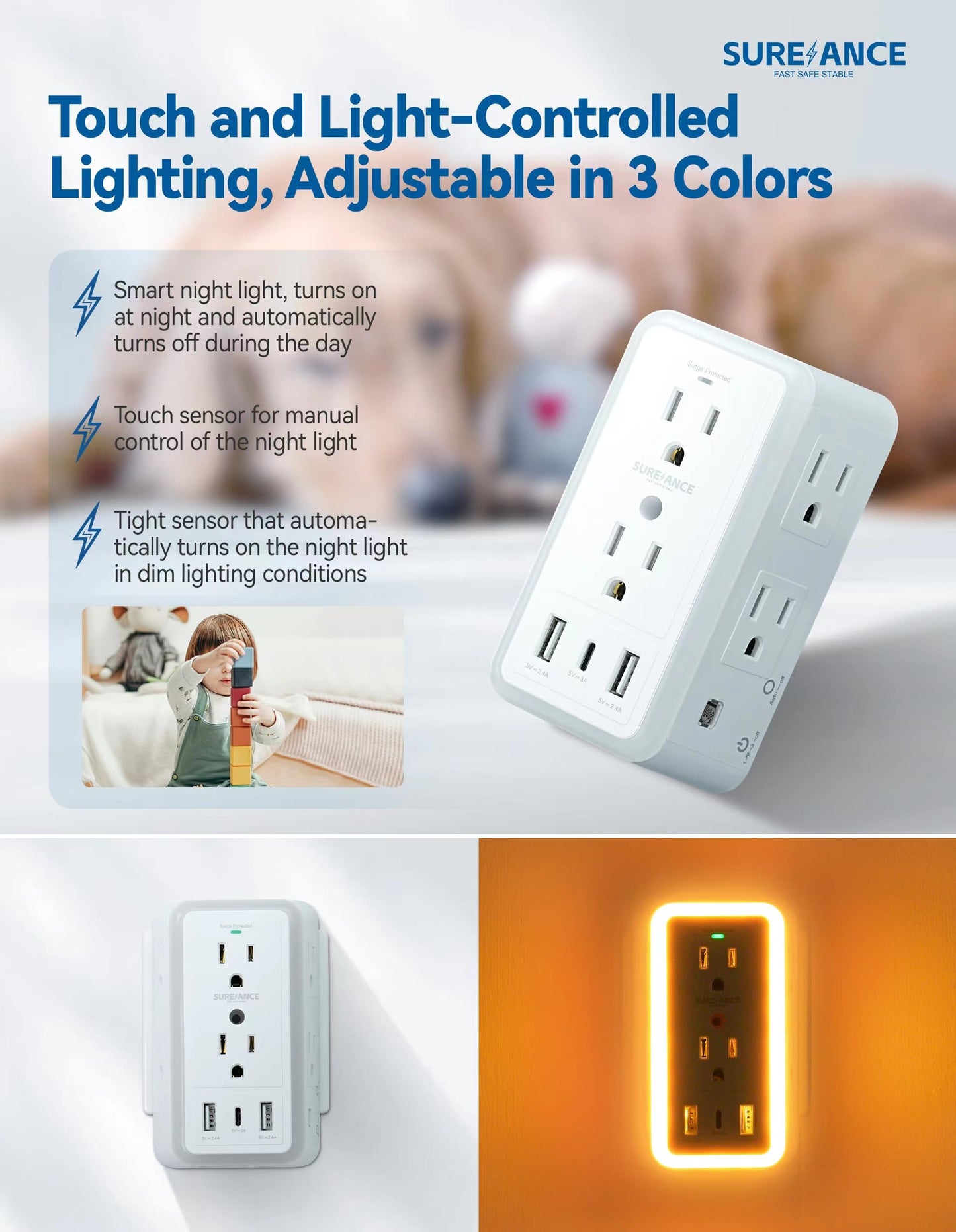 SUREANCE Surge Protector with USB Ports and Lights