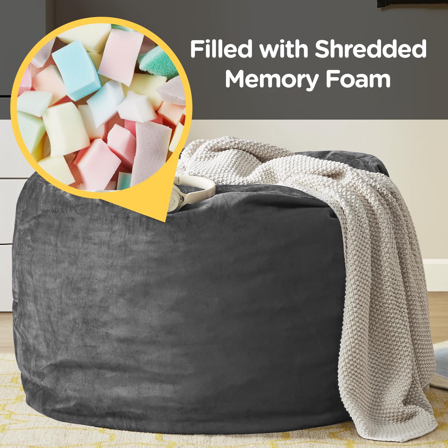 Codi Bean Bag Chair for Kids and Adults with Filler Included, 3 FT - Comfy Beanbag Chairs for Teen, Memory Foam Added - Machine Washable and Soft Mink Bonded Cover - Charcoal Grey, 3ft