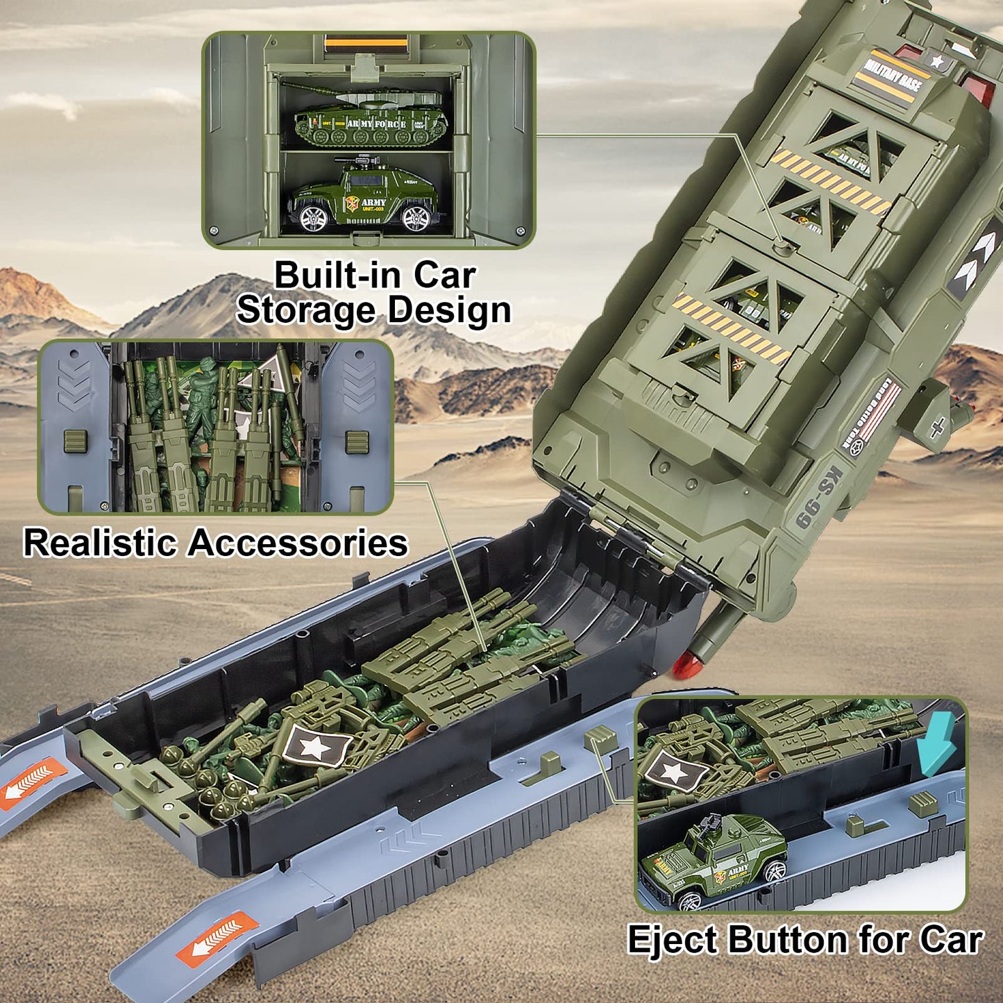 UNIH Toy Sets, Military Transport Tank and 4PCS Vehicles, Tank & Vehicle Playset with 4 Sound and Launcher Birthday Gift for Kids Boys 3 4 5 6 7 Years Old ( Army Men Soldiers Included)