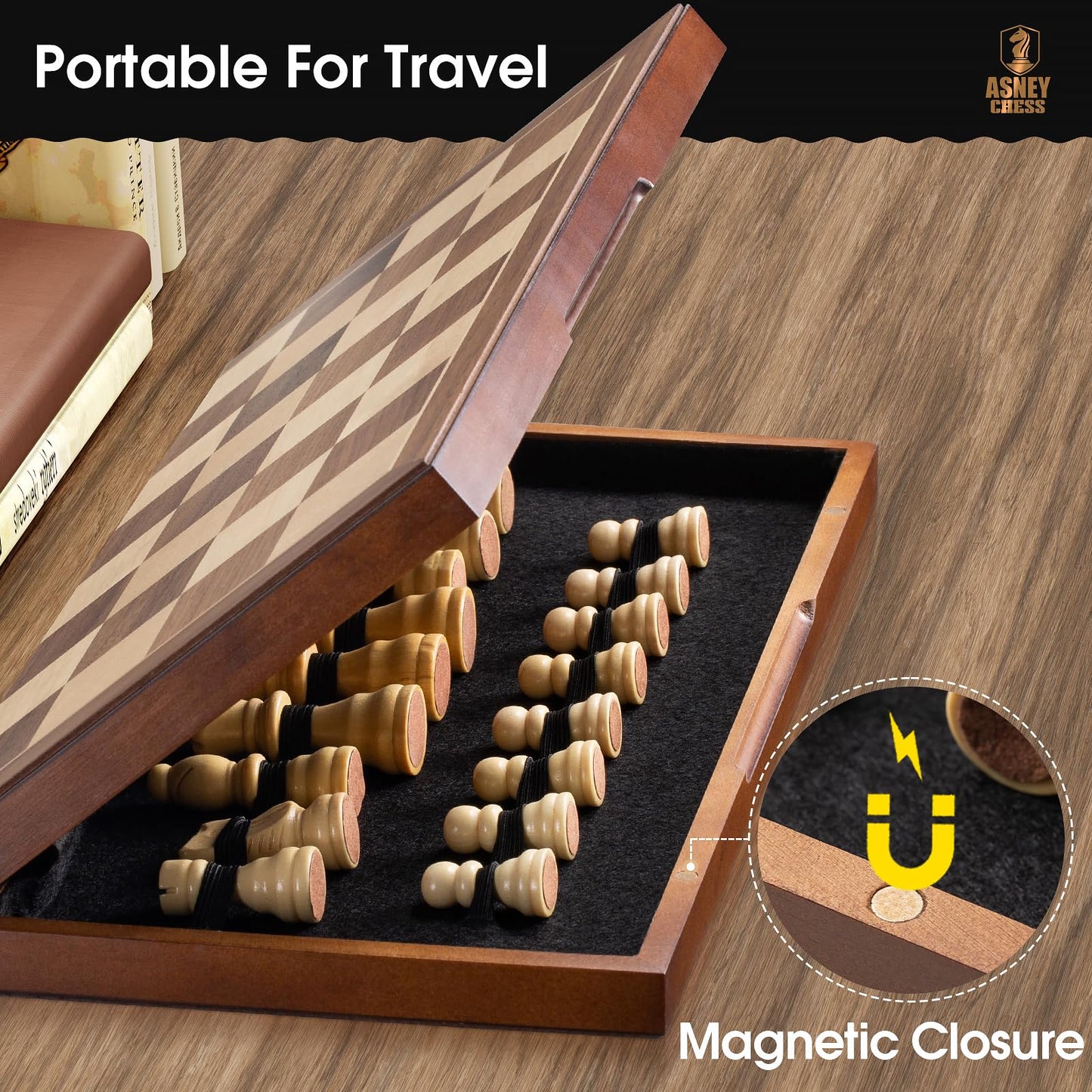 ASNEY Wooden Chess Set for Adults, 15" Folding Portable Travel Chess Board Game Set with Magnetic Closure for Kids Adults and Beginner with 2 Extra Queens