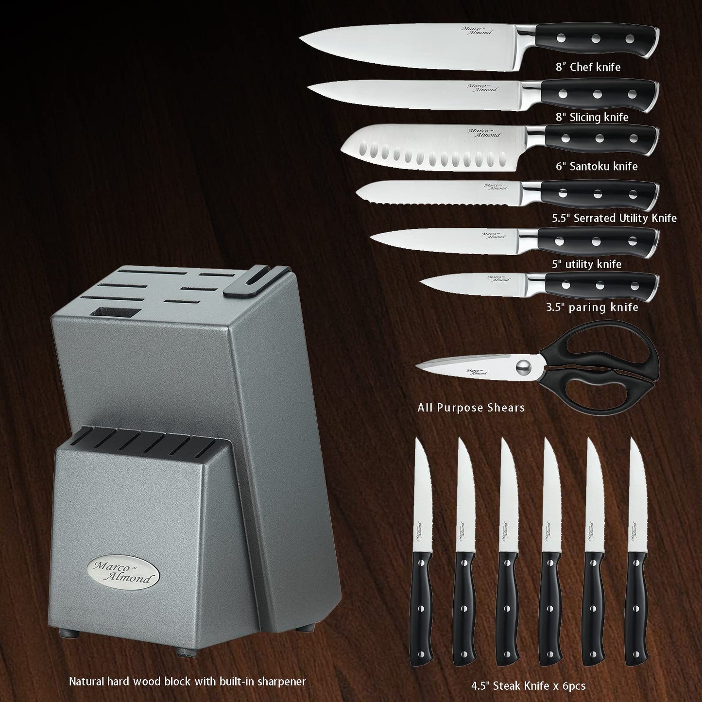 Marco Almond® Kitchen Knife Set with Block KYA31,14 Pieces Japanese Stainless Steel Cutlery Knives Block Set for Kitchen with Built-in Sharpener