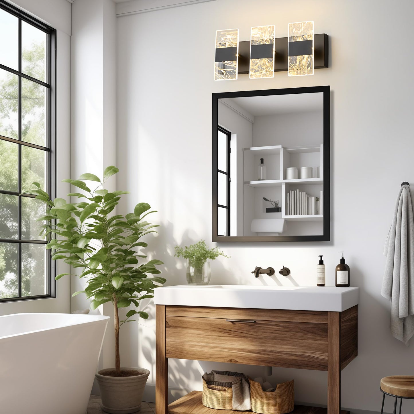 NADOSA Modern LED Bathroom Light Fixtures 3-Light Black Vanitys Light, 5CCT Adjustable Lighting Fixture Vanity Lights Over Mirror, Smoked Acrylic LED Vanity Lights for Bathroom