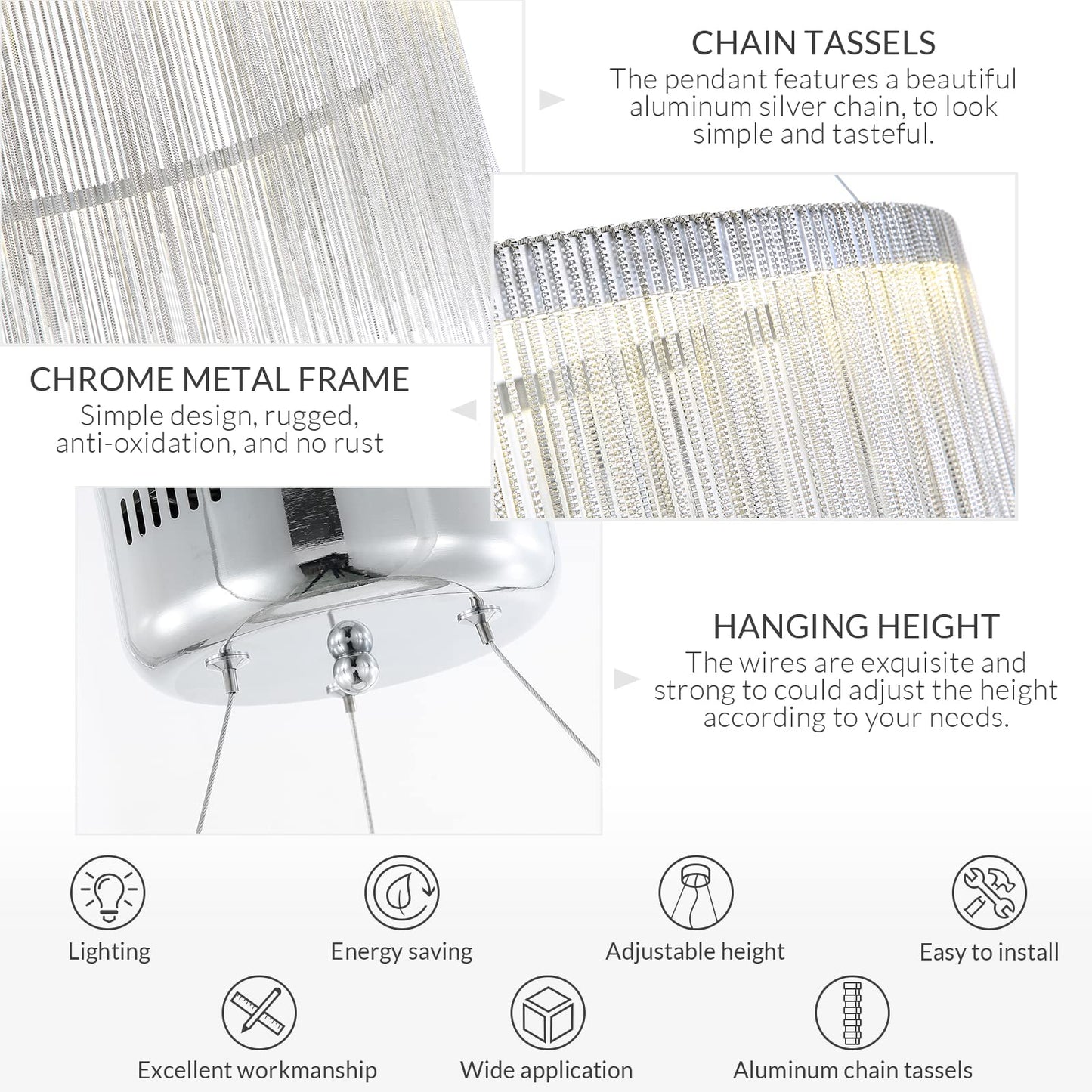 Siljoy Modern Round Aluminum Tassel Chandelier, LED Linear Chrome Chain Pendant Light Stainless Steel Ring Suspension Lighting Fixture for Dining Room Kitchen Island Dia 20" x H14