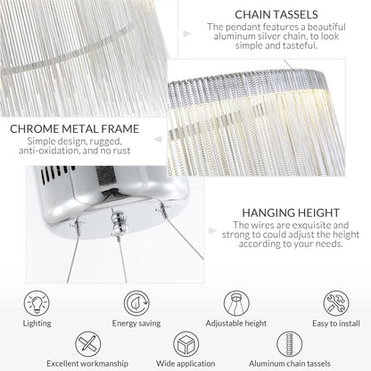 Siljoy Modern Round Aluminum Tassel Chandelier, LED Linear Chrome Chain Pendant Light Stainless Steel Ring Suspension Lighting Fixture for Dining Room Kitchen Island Dia 20" x H14