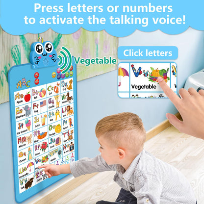 Electronic Interactive Double-Sided Alphabet Wall Chart, Talking ABC & 123 & Music & Learning Poster, Educational Toddlers Toys for Ages 2-4 and Up Kids Gift, Best for Preschool Boys & Girls(Blue)