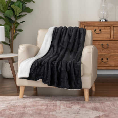 Berkshire Blanket-Sherpa Throw Blanket, Warm and Soft Loftmink Reversible Throw for Couch, Sofa and Travel, Black, 50 in x 60 in