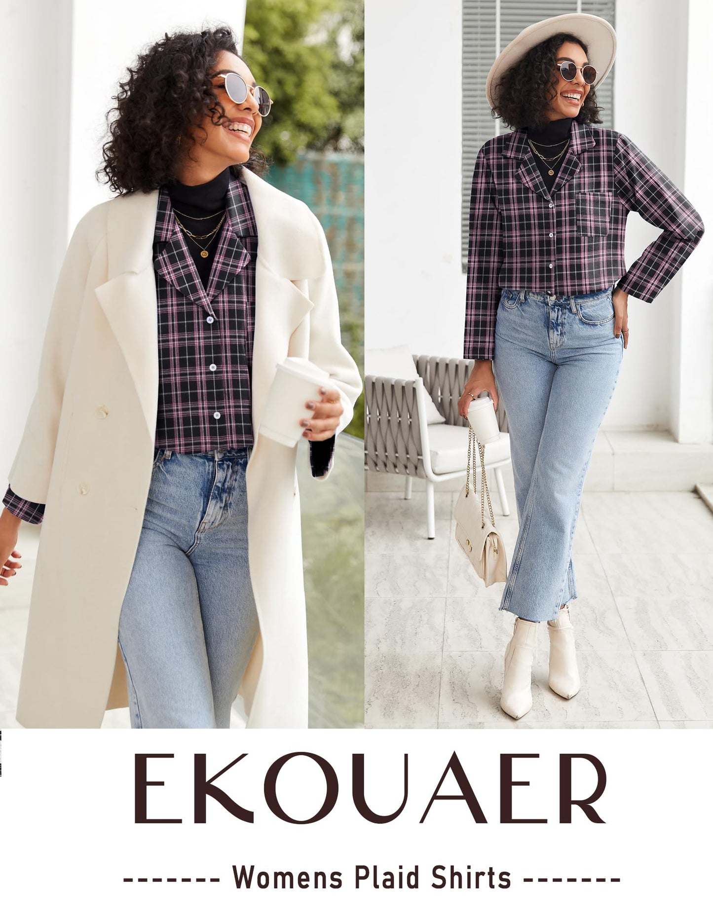 Ekouaer Pajamas Set for Womens 2 Piece Cotton Plaid Loungewear Long Sleeve Sleepwear Soft Button Down Shirts Pjs with Pockets