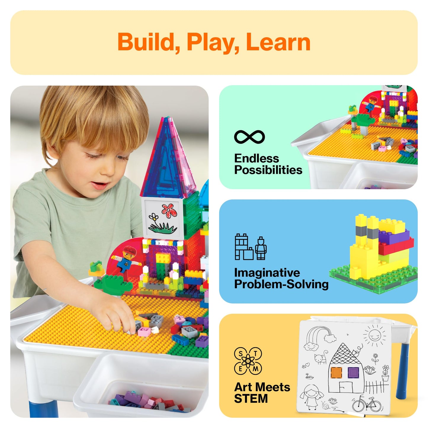 PicassoTiles 585pc Kids Activity Table with Magnetic Tiles and Bricks STEM Pretend Play Learning with Reversible Brick Whiteboard Tabletop Storage Bins and Extra Add-On Toys Boys Girls Ages 3+ PBT585