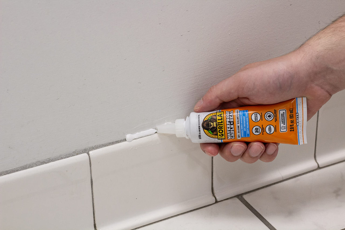 Gorilla Waterproof Caulk & Seal 100% Silicone Sealant, White, 2.8oz Squeeze Tube (Pack of 2)