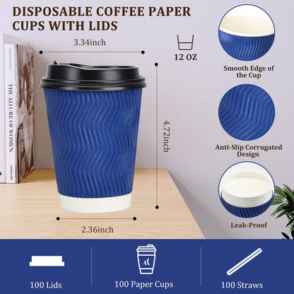AIRE 100 Pack Disposable Coffee Cups with Lids 12 oz, To Go Coffee Cups with Lids & Straws, Insulated Paper Coffee Cups Hot Cups for Home, Office and Cafe-Blue
