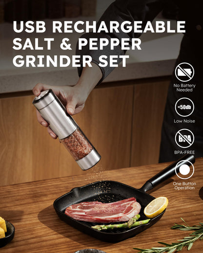 Rechargeable Salt and Pepper Grinder Set - Stainless Steel