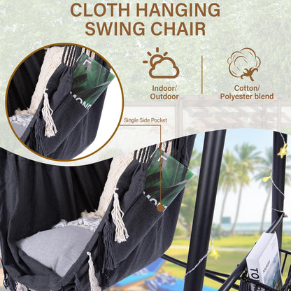 Hammock Chair Hanging Rope Swing & Stand Set with Two Holders, Heavy Duty Hanging Stand with Three Hooks, Multi-Use for Indoor Outdoor Patio Yard Garden (Black)
