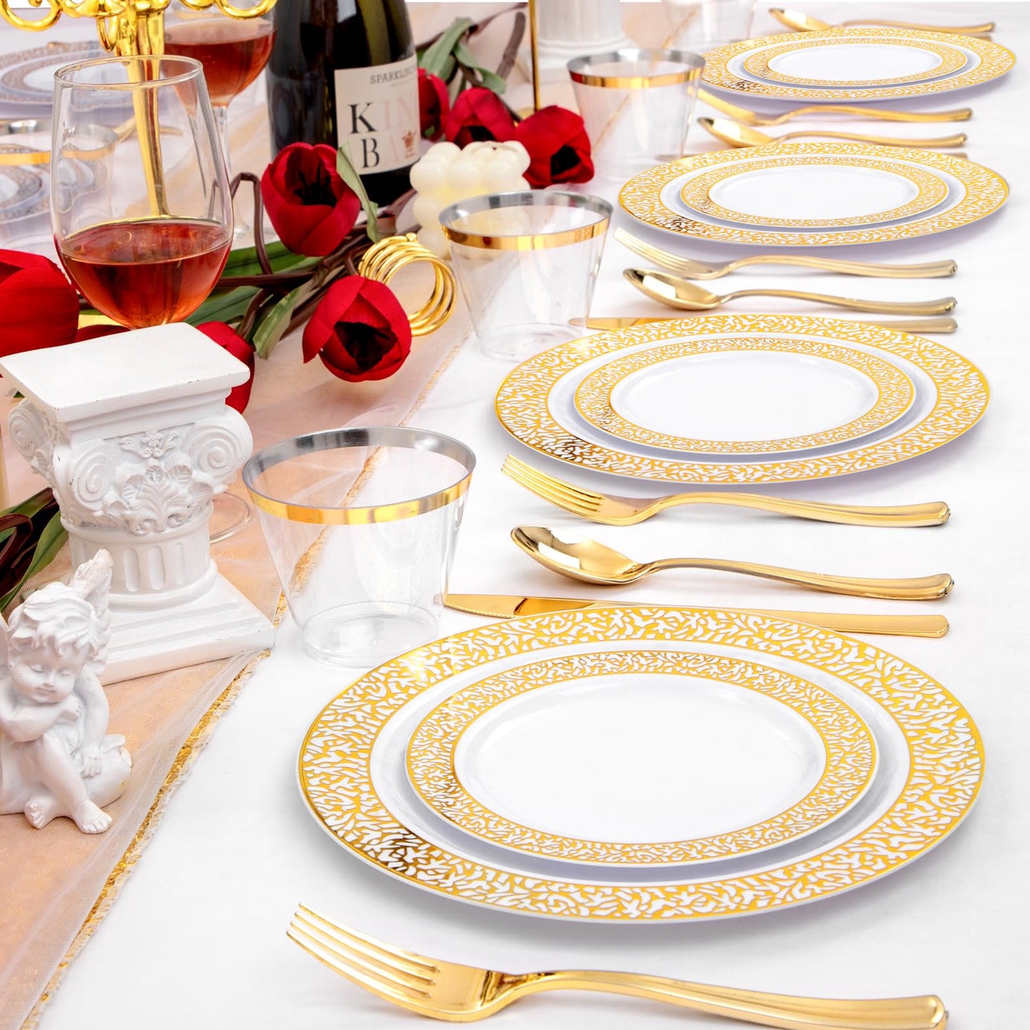 GATHER 300Pcs Gold Plates-Gold Plastic Dinnerware for 50 Guests-Disposable Lace Plates for Party Include: 100 Gold Plastic Plates Disposable, 50 Gold Silverware, 50 Cup for Mother's Day