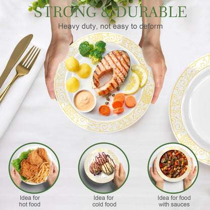 Plastic Plates, GreenElevate 150 Pieces Disposable Plates Plastic Dinnerware Set for 25 Guests: 25 Dinner Plates, 25 Dessert Plates, 25 Forks, 25 Spoons, 25 Knives, 25 Cups, Gold Party Plates