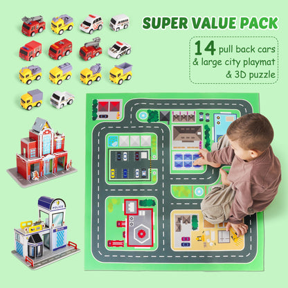 14-Piece Toy Car Playset with Mat & Puzzles