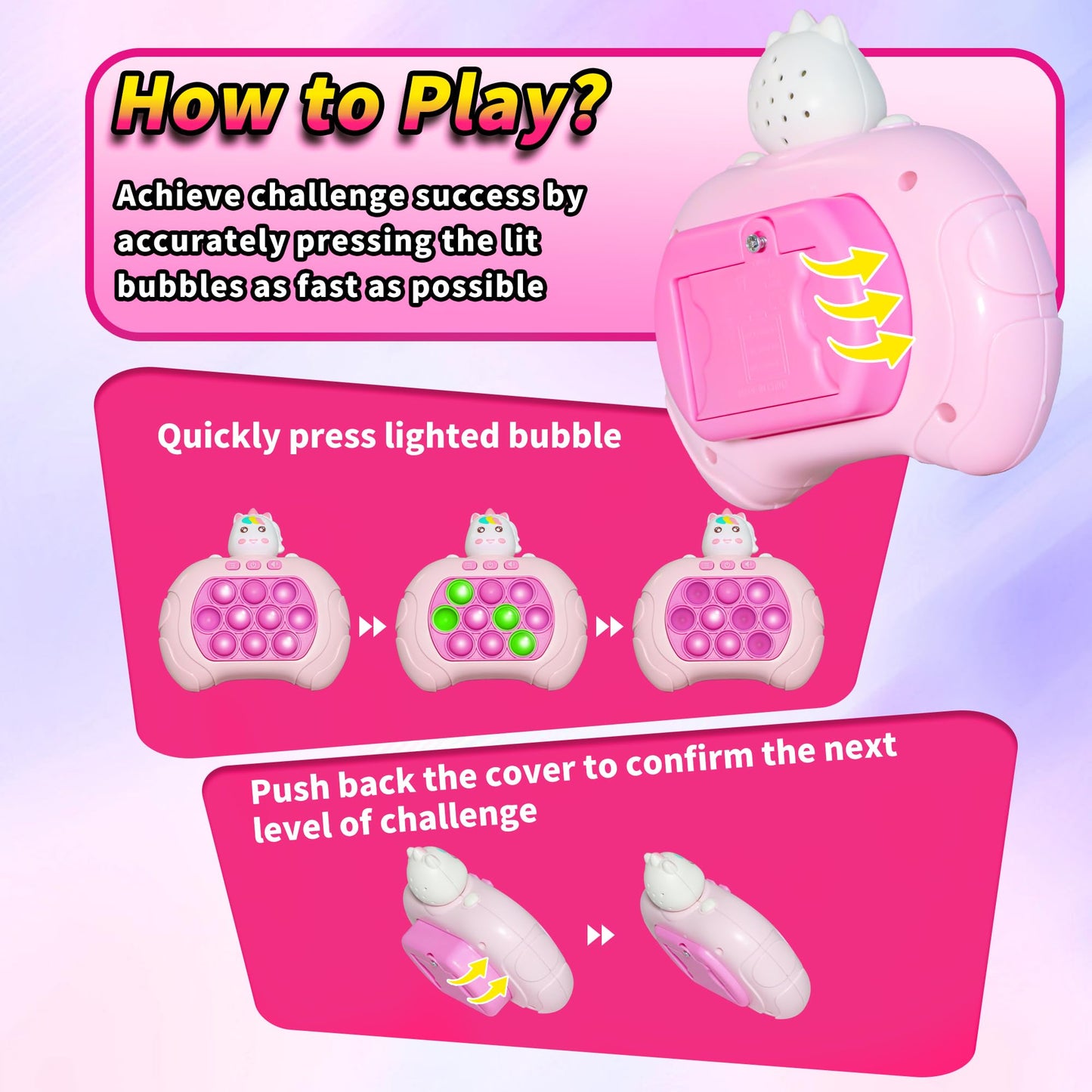 Fast Push Bubble Game,Rainbow Pop Fidget Toys for Kids, Handheld Light Up Popping Game with 4 Game Modes Funny Toys, Gift Idea for 6-12 8-12 Kids Puzzle Game Sensory Toys (Pink Uni-Corn)
