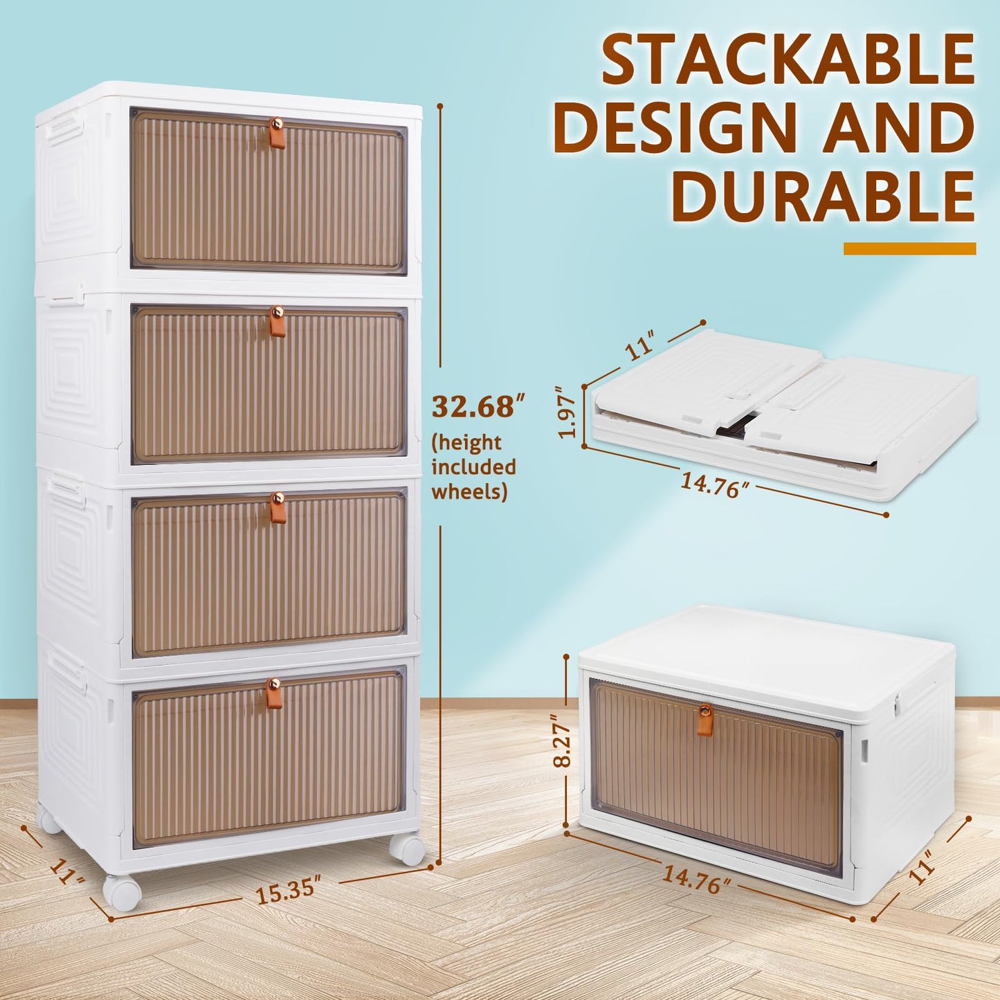 4 Tier Stackable Storage Bins with Wheels and Lid - 23QT Closet Organizers and Storage, Foldable Plastic Containers for Home, Office, Dorm Room