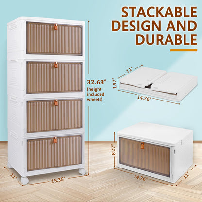 4 Tier Stackable Storage Bins with Wheels and Lid - 23QT Closet Organizers and Storage, Foldable Plastic Containers for Home, Office, Dorm Room