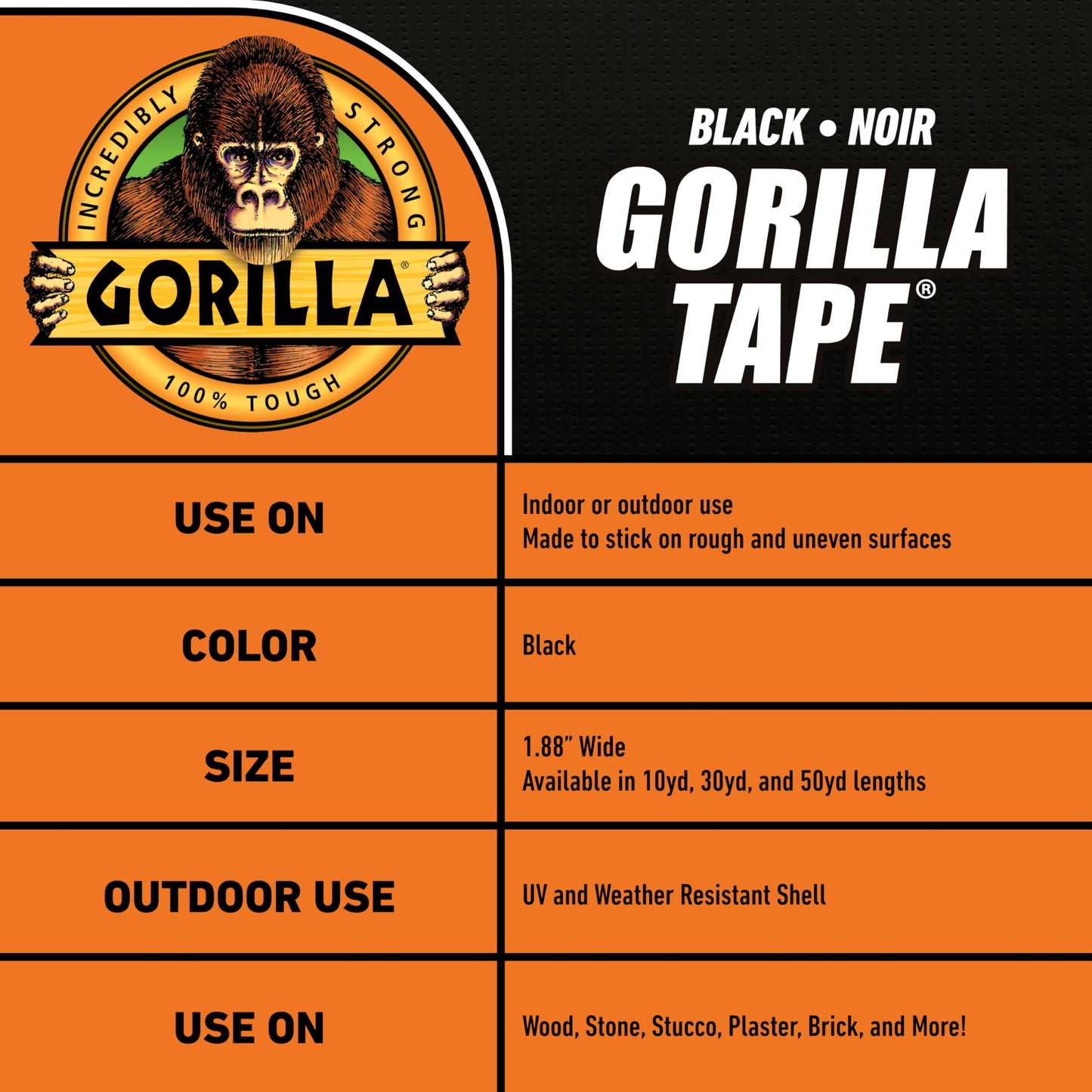 Gorilla Black Duct Tape, 1.88" x 35 yd, Black, (Pack of 1)