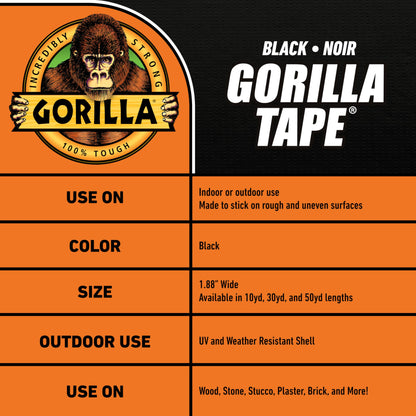 Gorilla Black Duct Tape, 1.88" x 35 yd, Black, (Pack of 1)