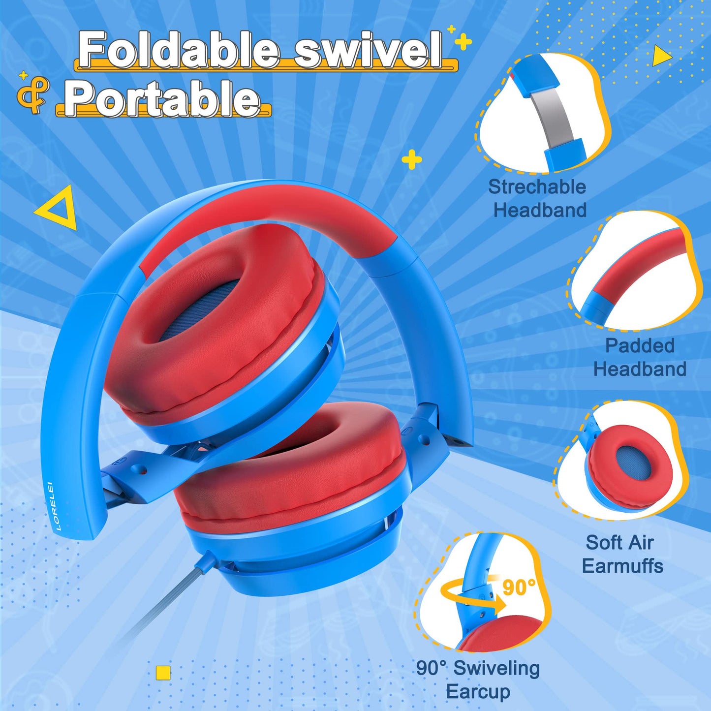 LORELEI Kids Headphones with Microphone, Foldable