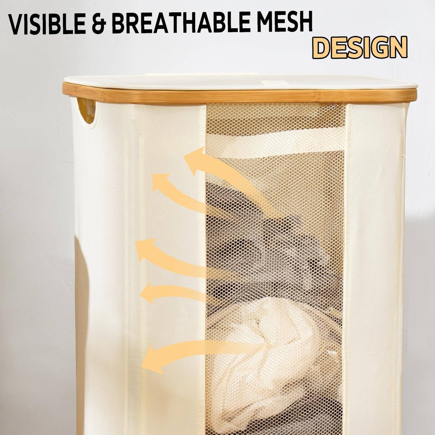 ELONG HOME Laundry Basket 100L Beige Collapsible Laundry Baskets with Removable Liner and Bamboo Handle