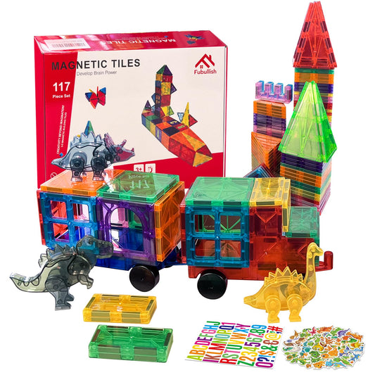 117 Piece Magnetic Building Blocks Set with Dinosaurs & Cars