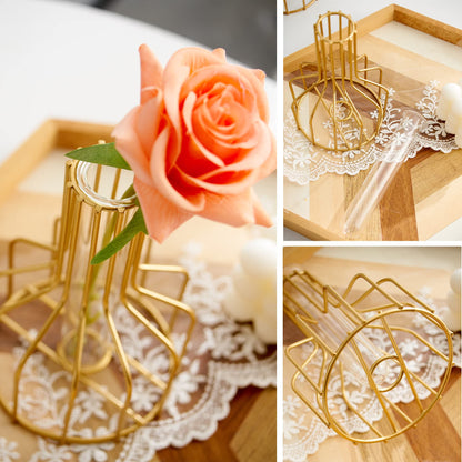2PC Gold Vase for Centerpieces Home Decor, Clear Glass Test Tube Vases Decorative, 3.9" W x 5.9" H Metal Modern Flower Vase, Small Bud Vases Gifts for Women Wedding Living Room Table Decorations
