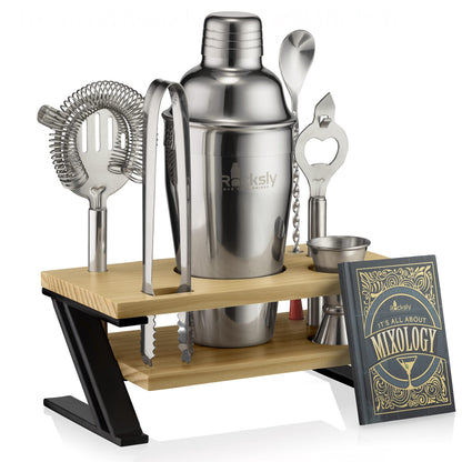 ROCKSLY MIXOLOGY BAR Set Premium Bartender Kit, Zig-Zag Tool Stand, 18 Oz Cocktail Shaker, Strainer, Jigger, Spoon, Tongs, Bottle Opener, Recipe Book