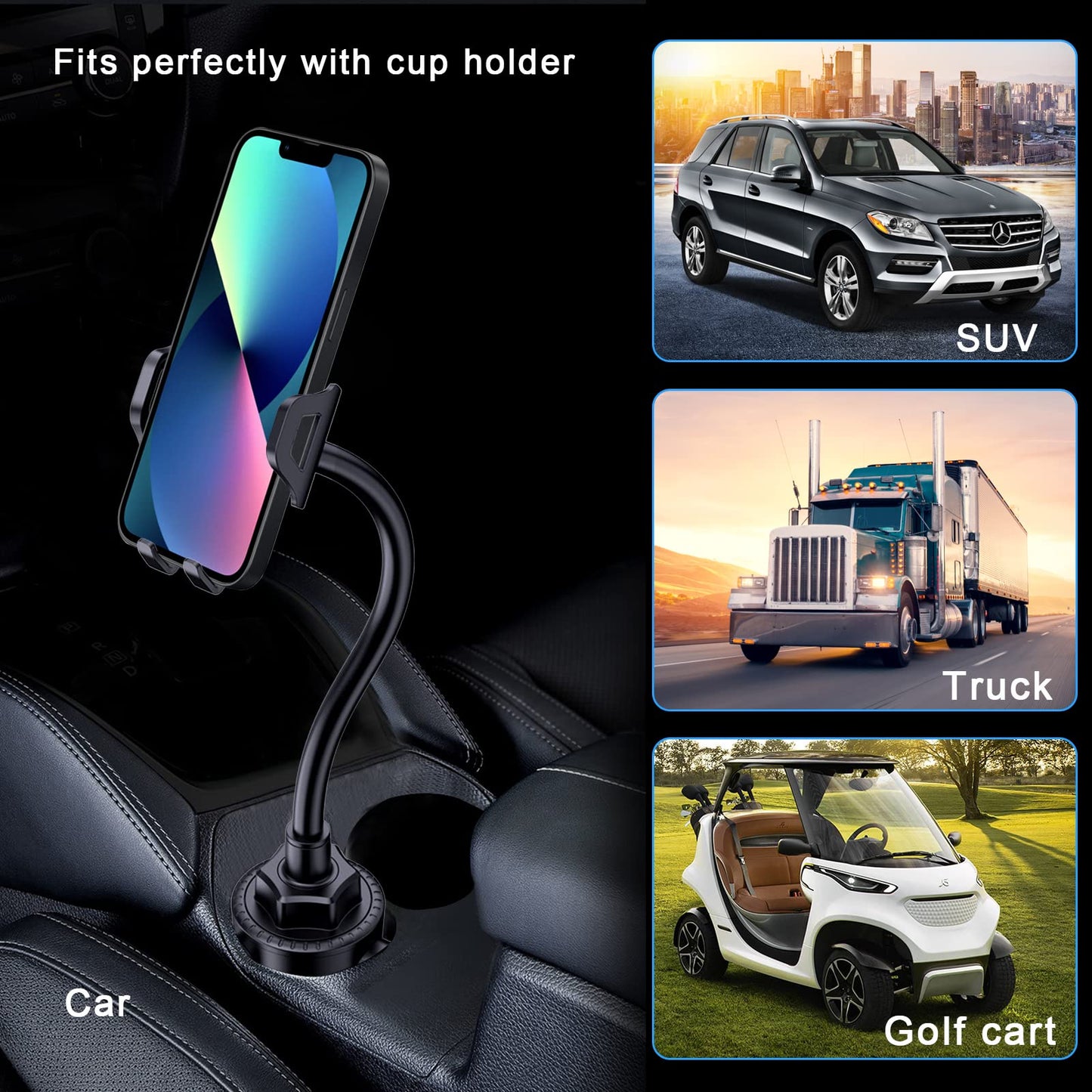 Lopnord Car Phone Holder Mount Cup Holder, Phone Mount for Car Compatible with iPhone 14 13 Pro Max/Samsung Galaxy S23 S22 Ultra/S21/S20, Cell Phone Holder Car Flexible Gooseneck Phone Holder for Car