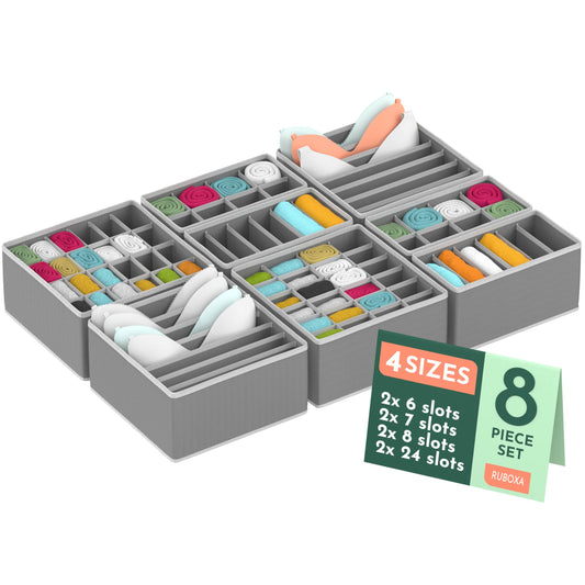 Dresser Organizer, [8 Pk] Grey Fabric Dresser Drawer Organizers (4 Sizes With 90 Slots) Foldable Underwear Drawer Organizer Breathable Bins for Bra, Lingerie, Socks, Scarves, Belt, Tie, Baby Clothes